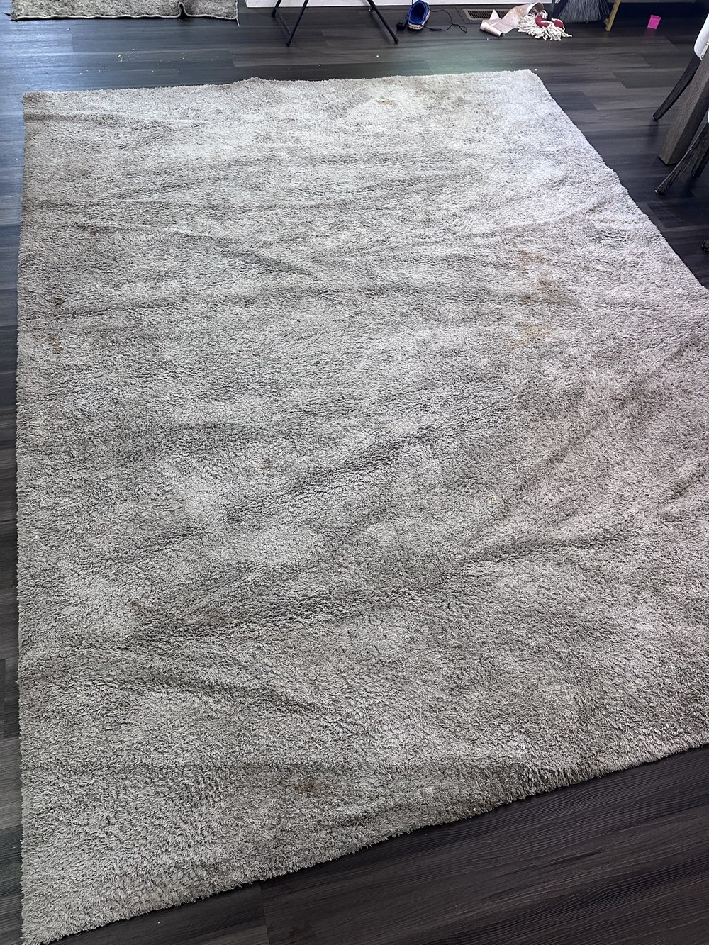 Shag area rug before cleaning, visibly soiled and stained